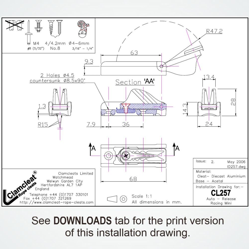 Pico, Tiller, Rudder blade downhaul- CL257 Auto-Release Racing Mini